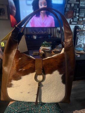 Cowhide Brown and White Leather Shoulder Bag with Ring Accent